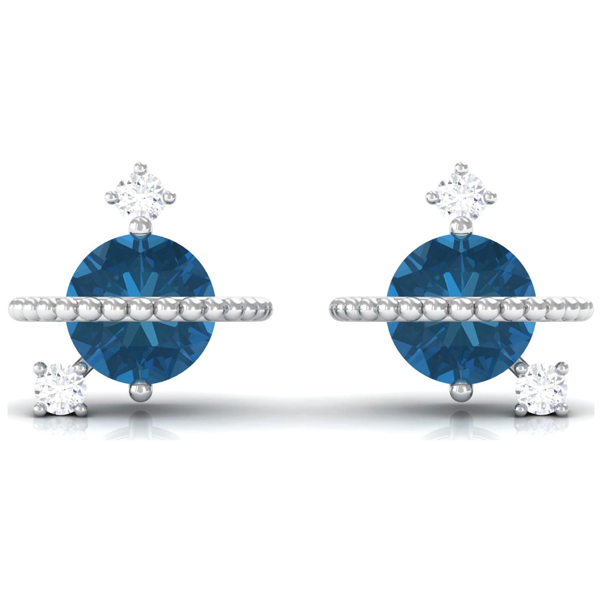 London Blue Topaz and Diamond Stud Earrings, 925 Sterling Silver P179