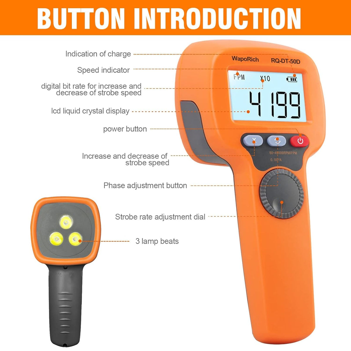 Rechargeable LED Flash Strobe Tachometer 60-49999 FPM V4923