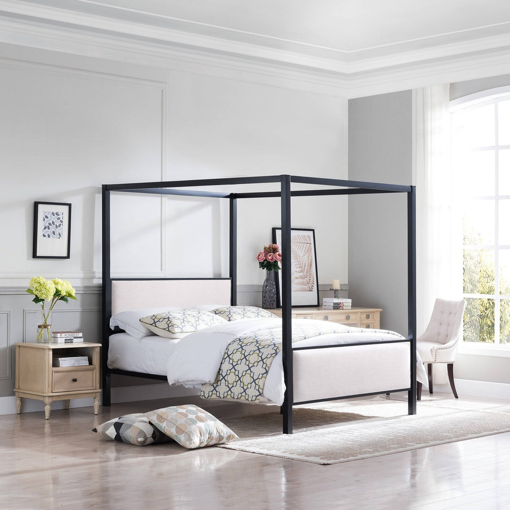Traditional Fabric Canopy Queen Bed with Iron Frame Gray Flat Black P154
