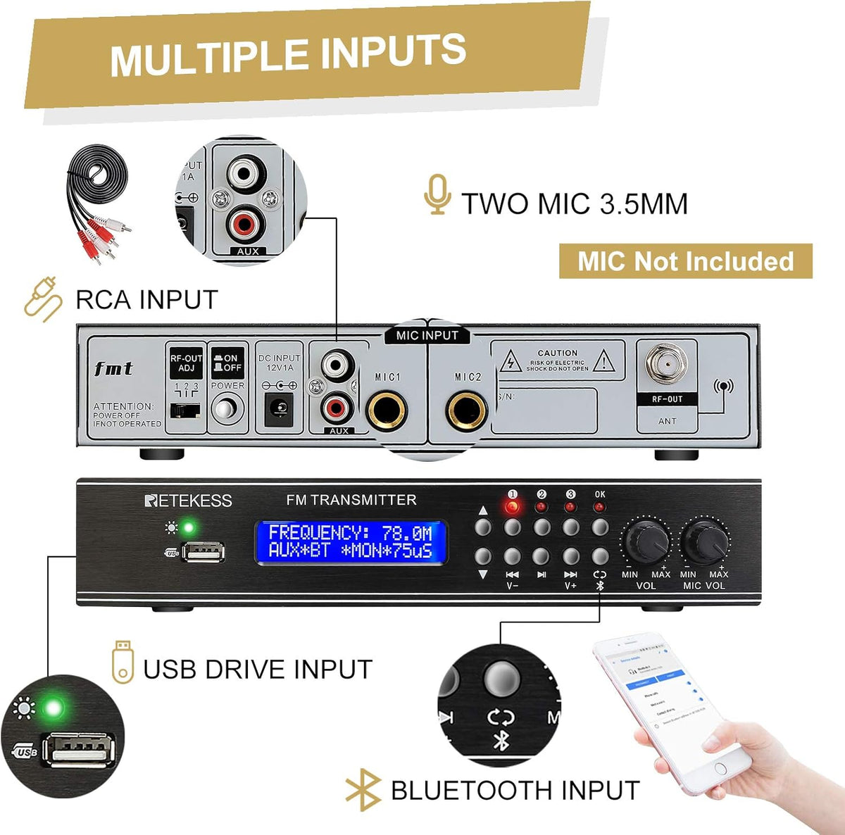 FM Transmitter with Dual Mic, 3 Preset Stations, USB Drive and RCA Inputs H373557