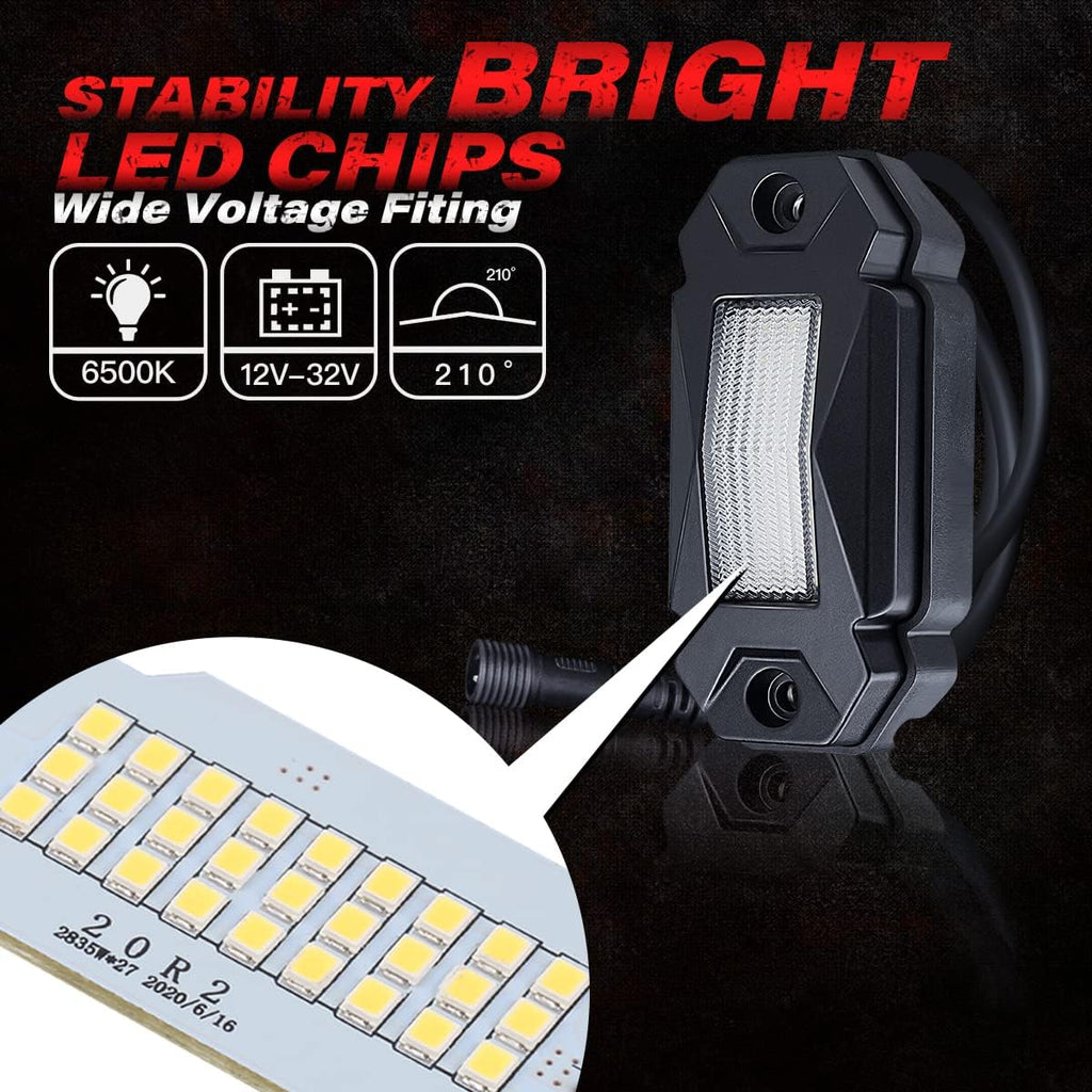 White LED Rock Lights Kit with 21ft Wiring Harness, 4PCS Waterproof, 12V~32V DC K387