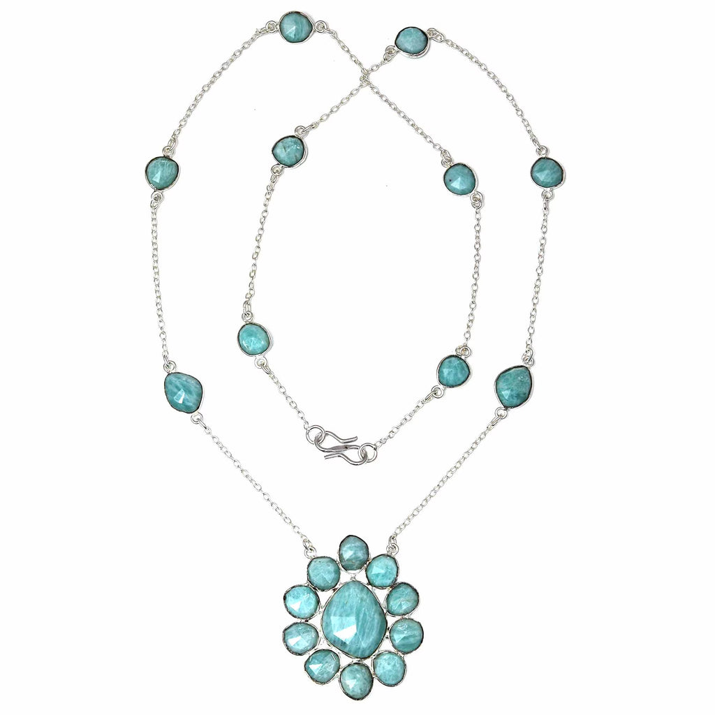 Antique 925 Silver Amazonite Gemstone Necklace 26'' E607479