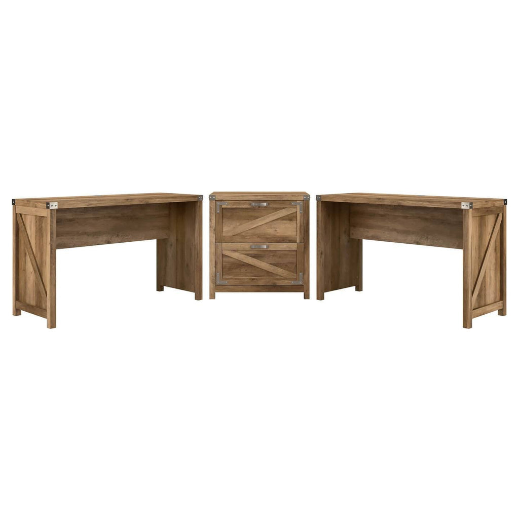 2 Person Farmhouse Desk Set with Lateral File Cabinet in Cottage White I95830