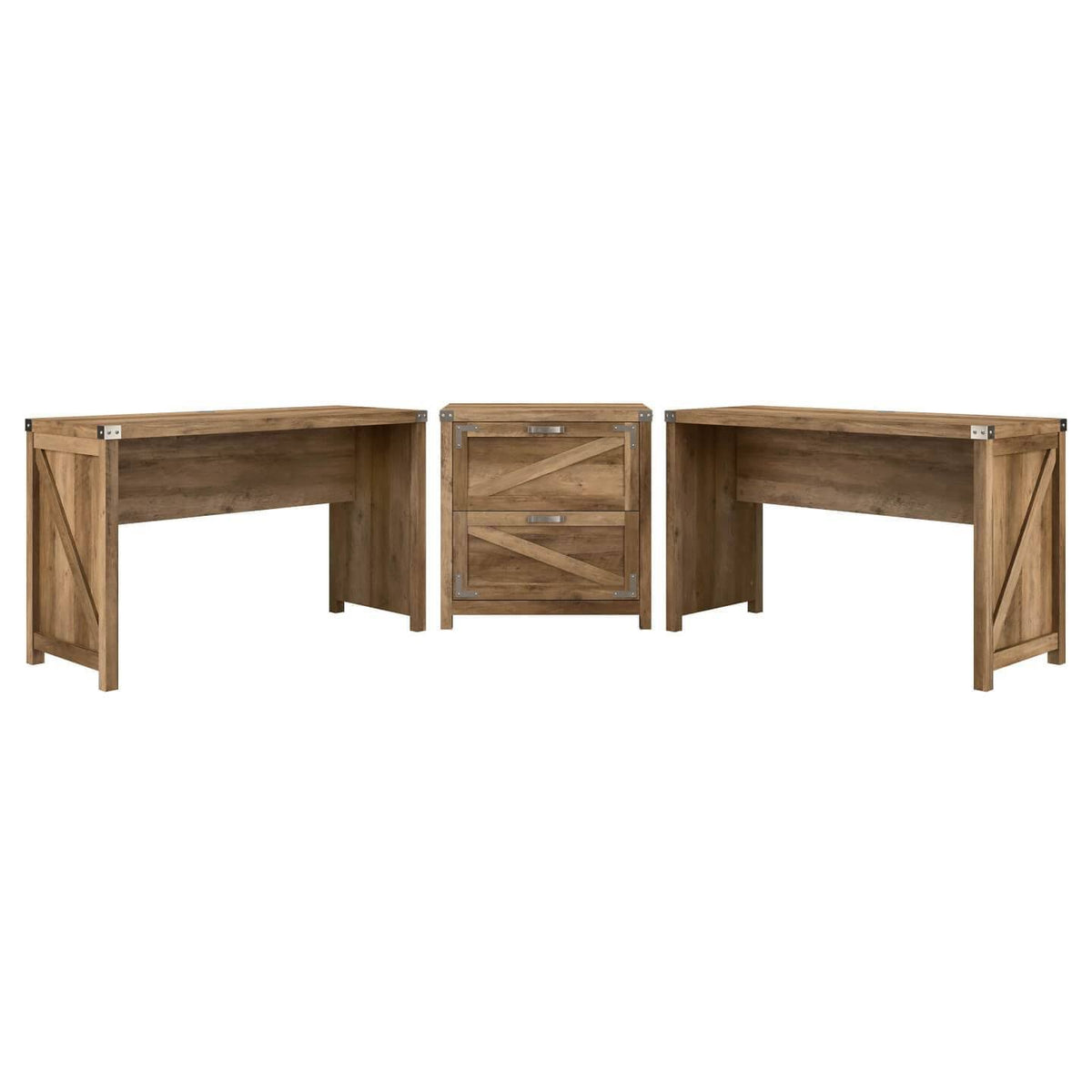2 Person Farmhouse Desk Set with Lateral File Cabinet in Cottage White I95830