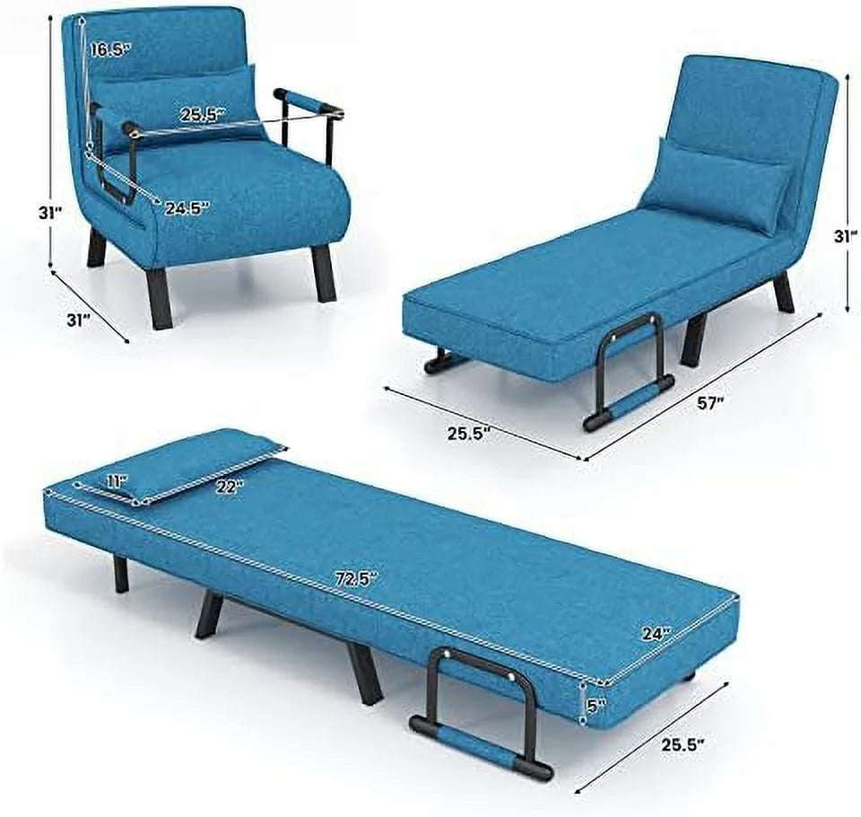 Convertible Sofa Bed 4-in-1 Sleeper Chair with Pillow, 6 Positions Adjustable Backrest, Metal Legs, Linen Fabric Z829