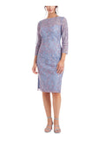 Blue Zippered Slitted V-back Lined 3/4 Sleeve Boat Neck Knee Length Sheath Dress G411652