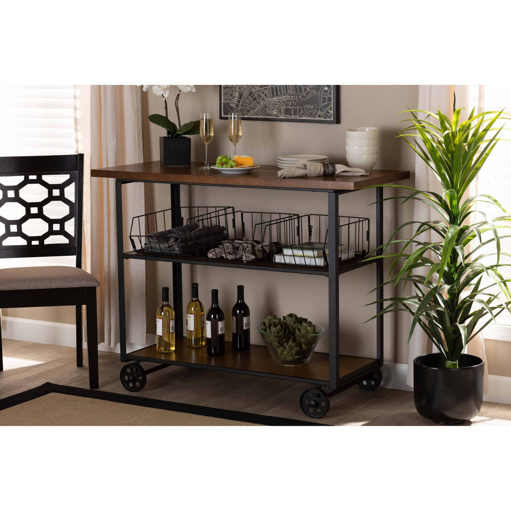 Walnut Brown Finished Wood and Black Finished Metal Console Cart A363426