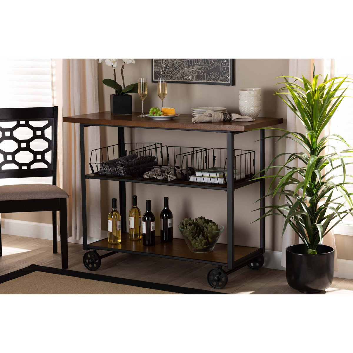 Walnut Brown Finished Wood and Black Finished Metal Console Cart A363426