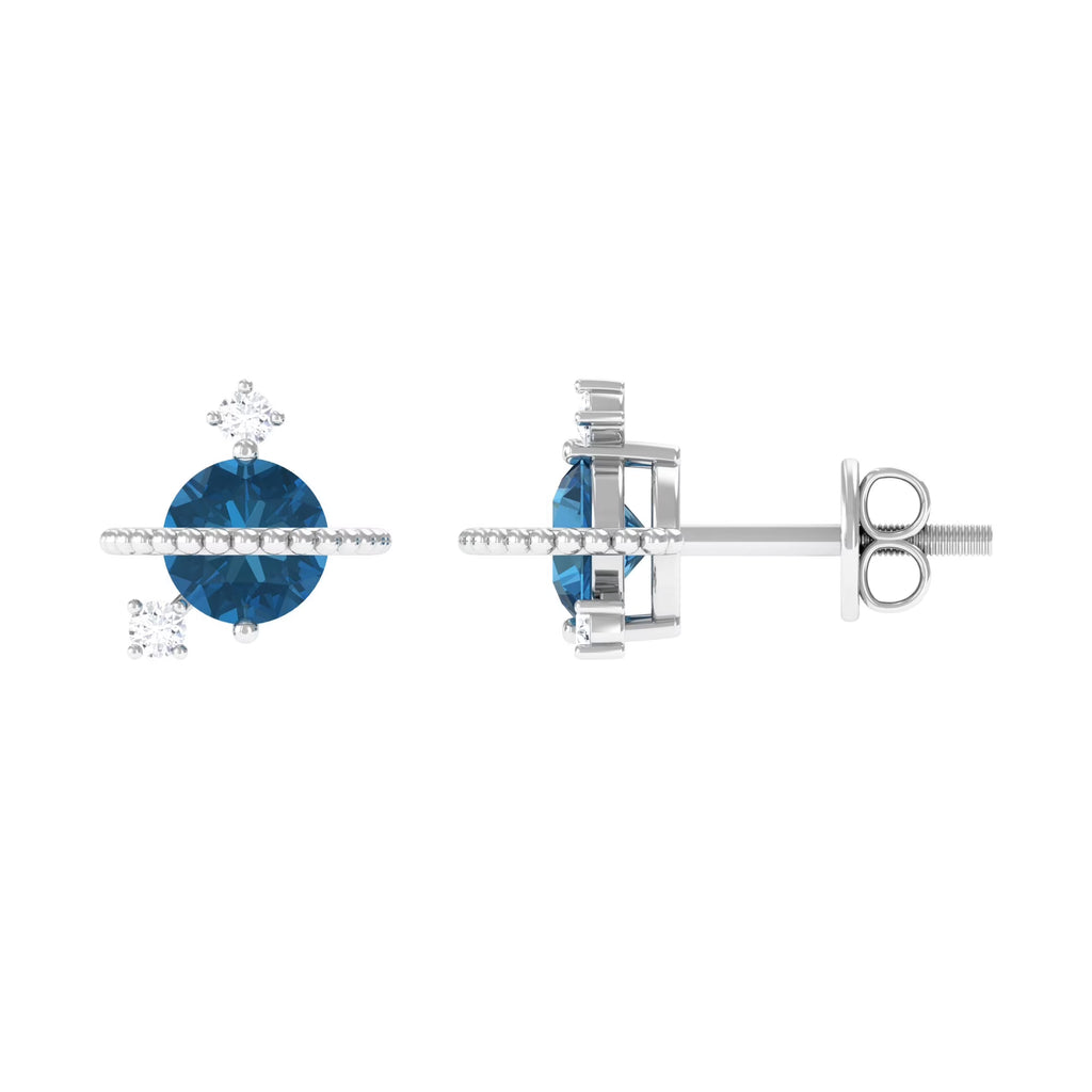 London Blue Topaz and Diamond Stud Earrings, 925 Sterling Silver P179