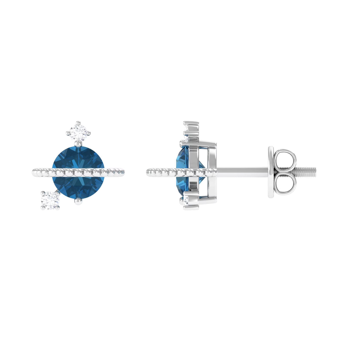London Blue Topaz and Diamond Stud Earrings, 925 Sterling Silver P179