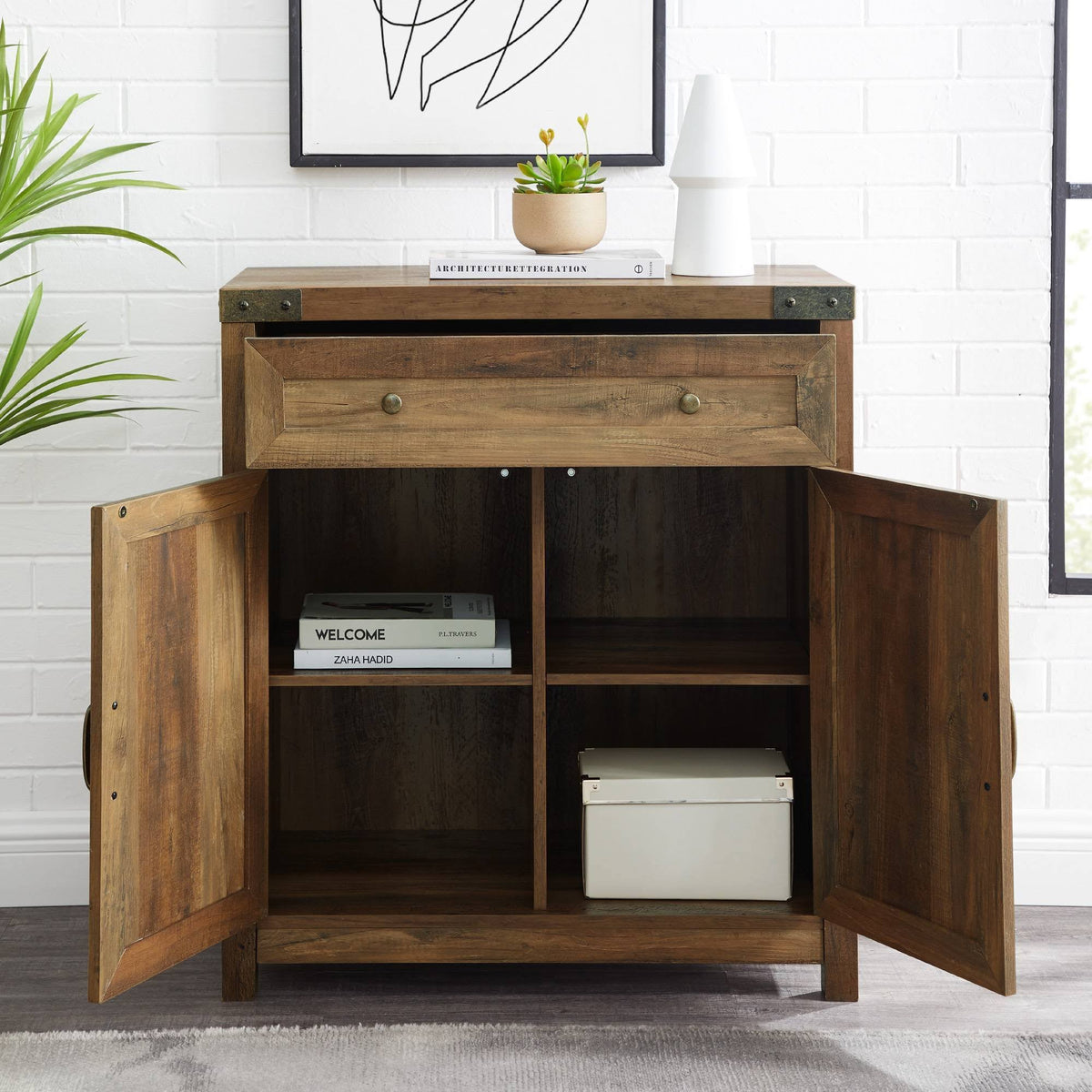 Rustic Farmhouse Barn Door Accent Cabinet Brown Q11611