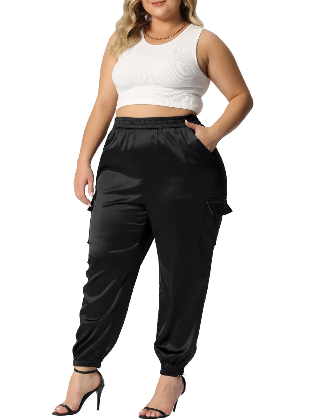 Plus Size Satin Elastic Waist Casual Joggers Cargo Pants Y75438