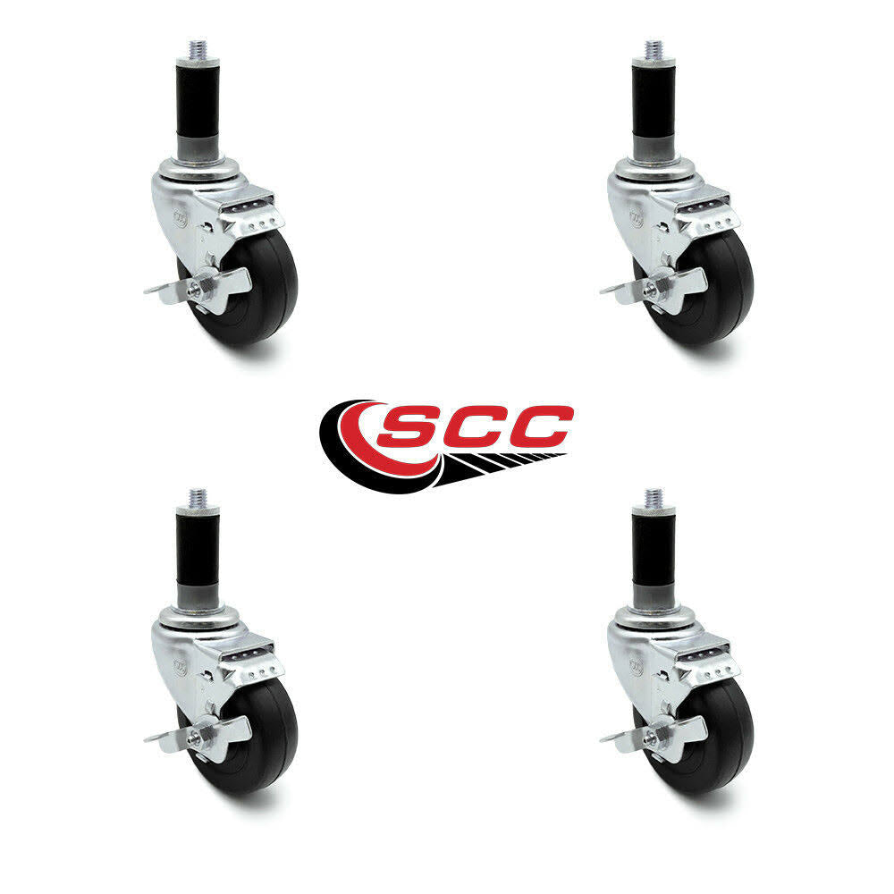 3 x 1.25 inch Hard Rubber Wheel Swivel Casters with Expanding Stem with Brake, Set of 4 P109712