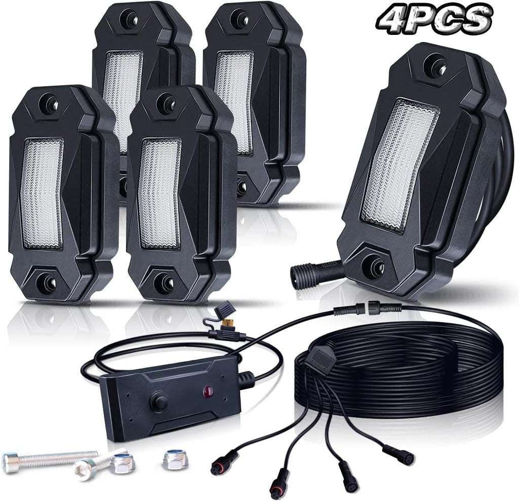 White LED Rock Lights Kit with 21ft Wiring Harness, 4PCS Waterproof, 12V~32V DC K387