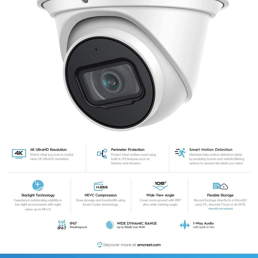 4K POE Outdoor Security Turret IP Camera, White T823488