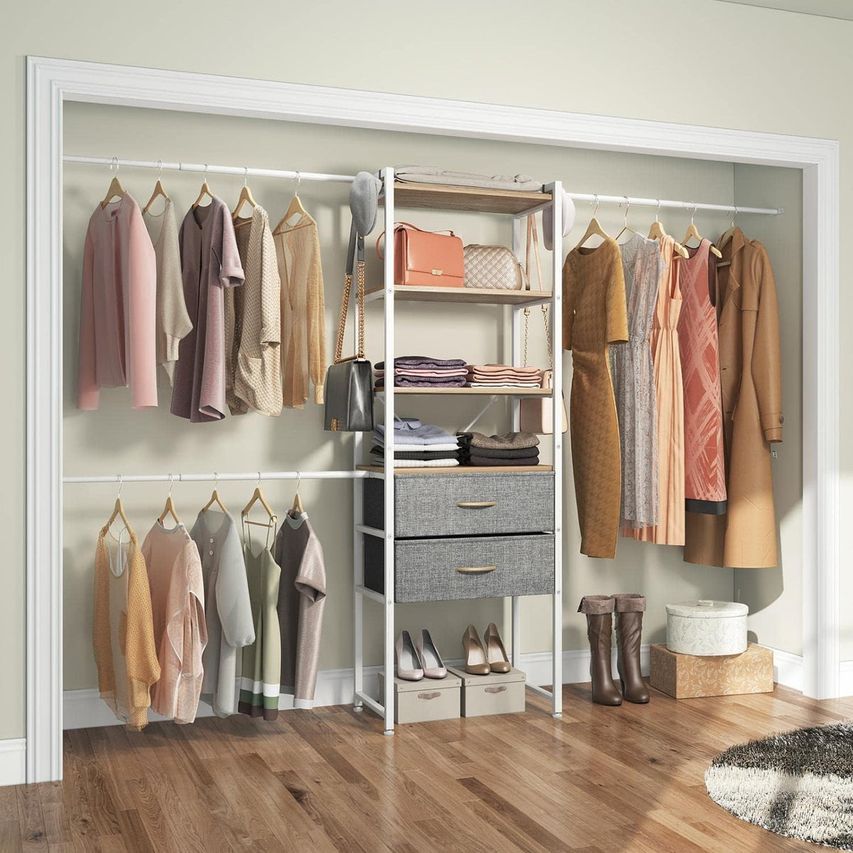 6 to 9 FT Metal Closet Organizer System Kit with 2 Gray Drawers and 4 Shelves U453976