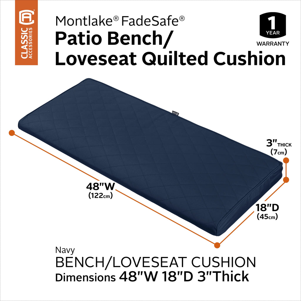 Navy Quilted Patio Bench Cushion, 48 x 18 x 3 inch N87035