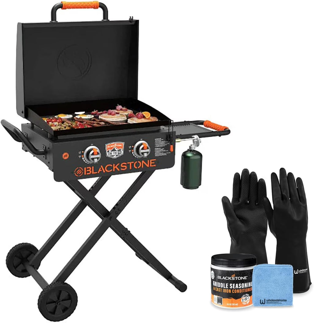 22 inch Blackstone Griddle with Hood and Grill Stand, Foldable Outdoor Flat Top Grill Propane Portable Gas Grill for Camping and BBQ Grill with Blackstone Seasoning, and Wholesalehome Gloves and Cloth N603125