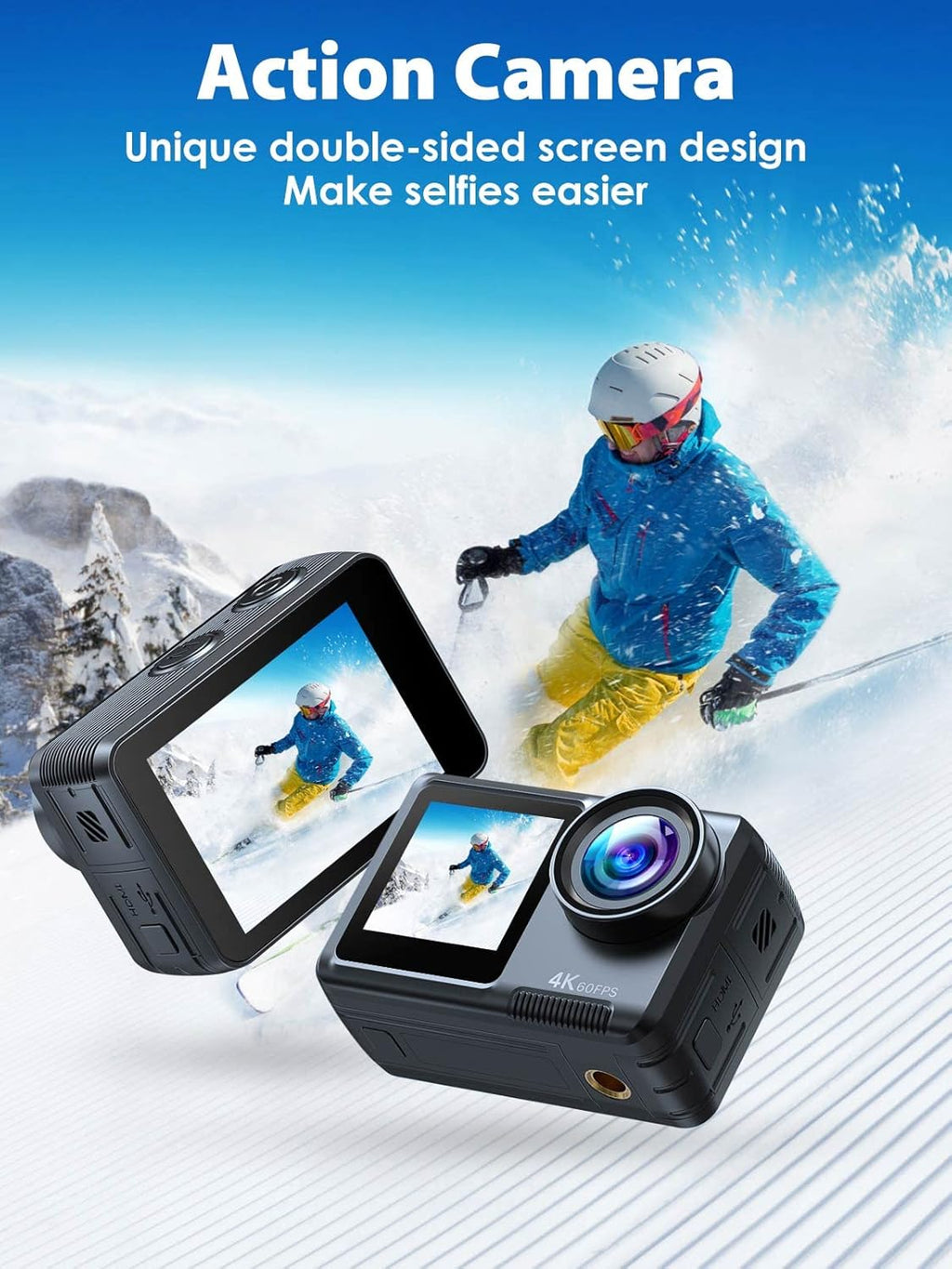 4K 60FPS Dual-Screen Waterproof Action Camera with Touch Screen and 2 Batteries Q25538