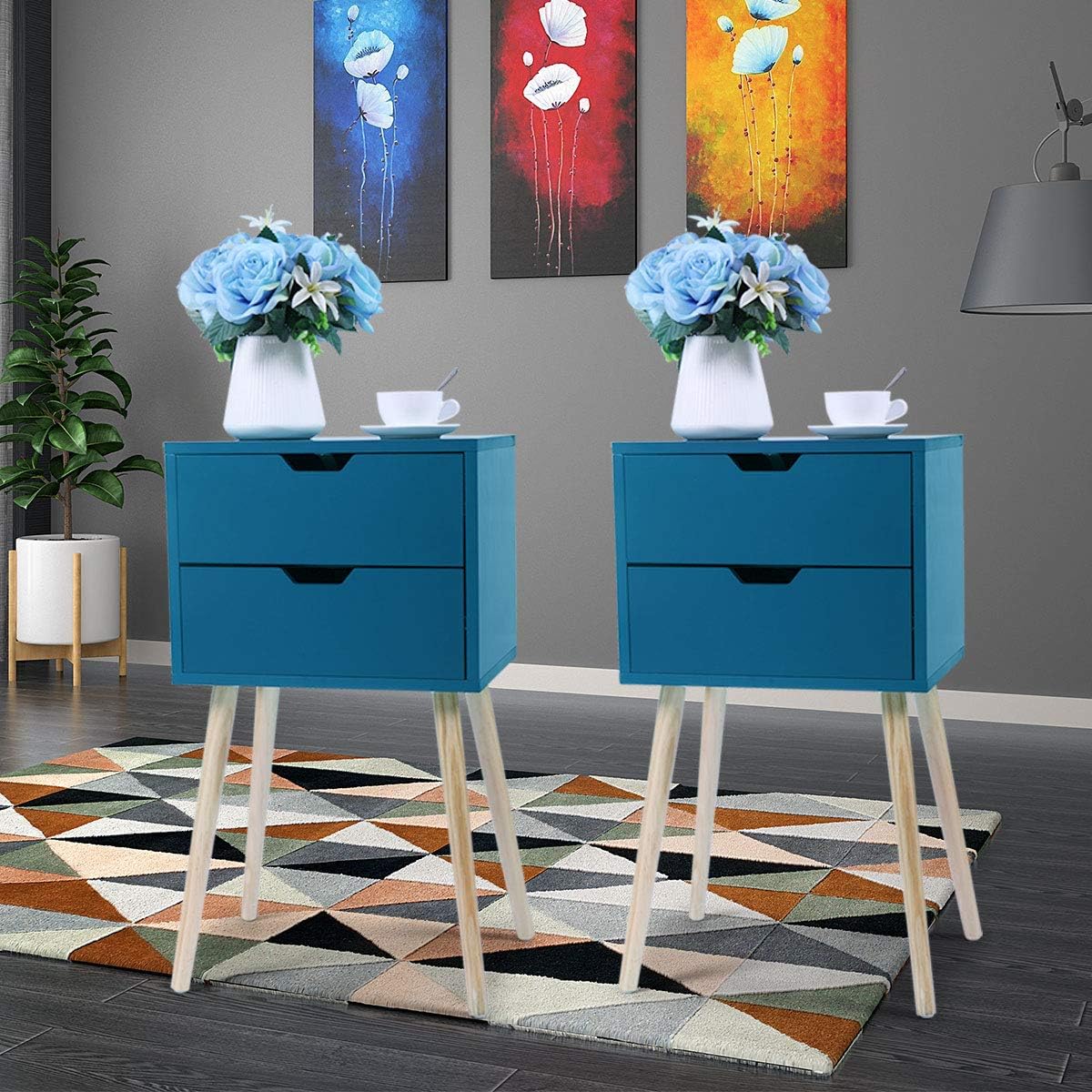 Set of 2 Blue Wood Nightstand with 2 Drawers L61643