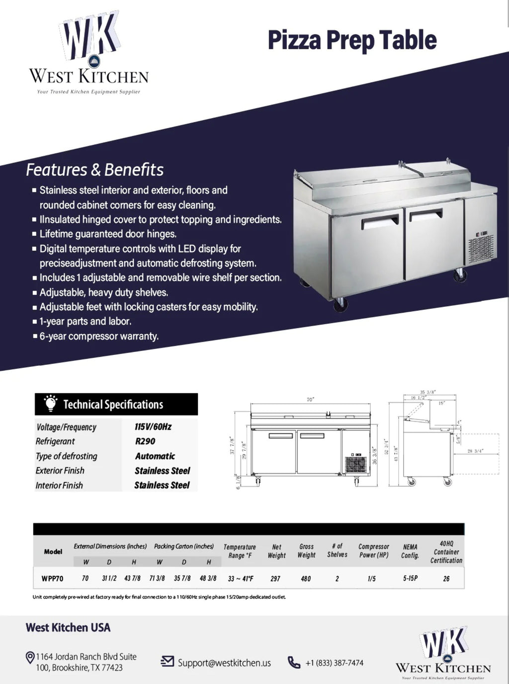 70 Refrigerated 2 Door Pizza Prep Table D443489