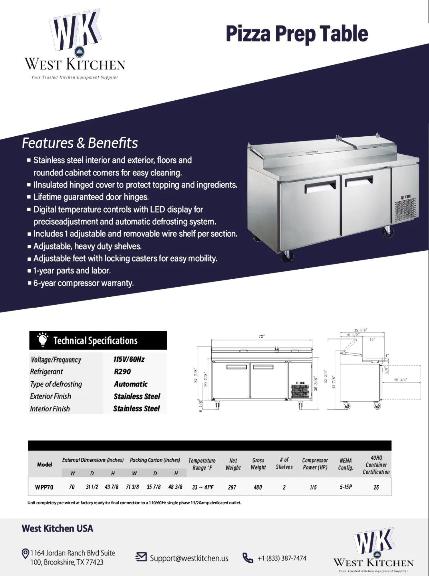 70 Refrigerated 2 Door Pizza Prep Table D443489