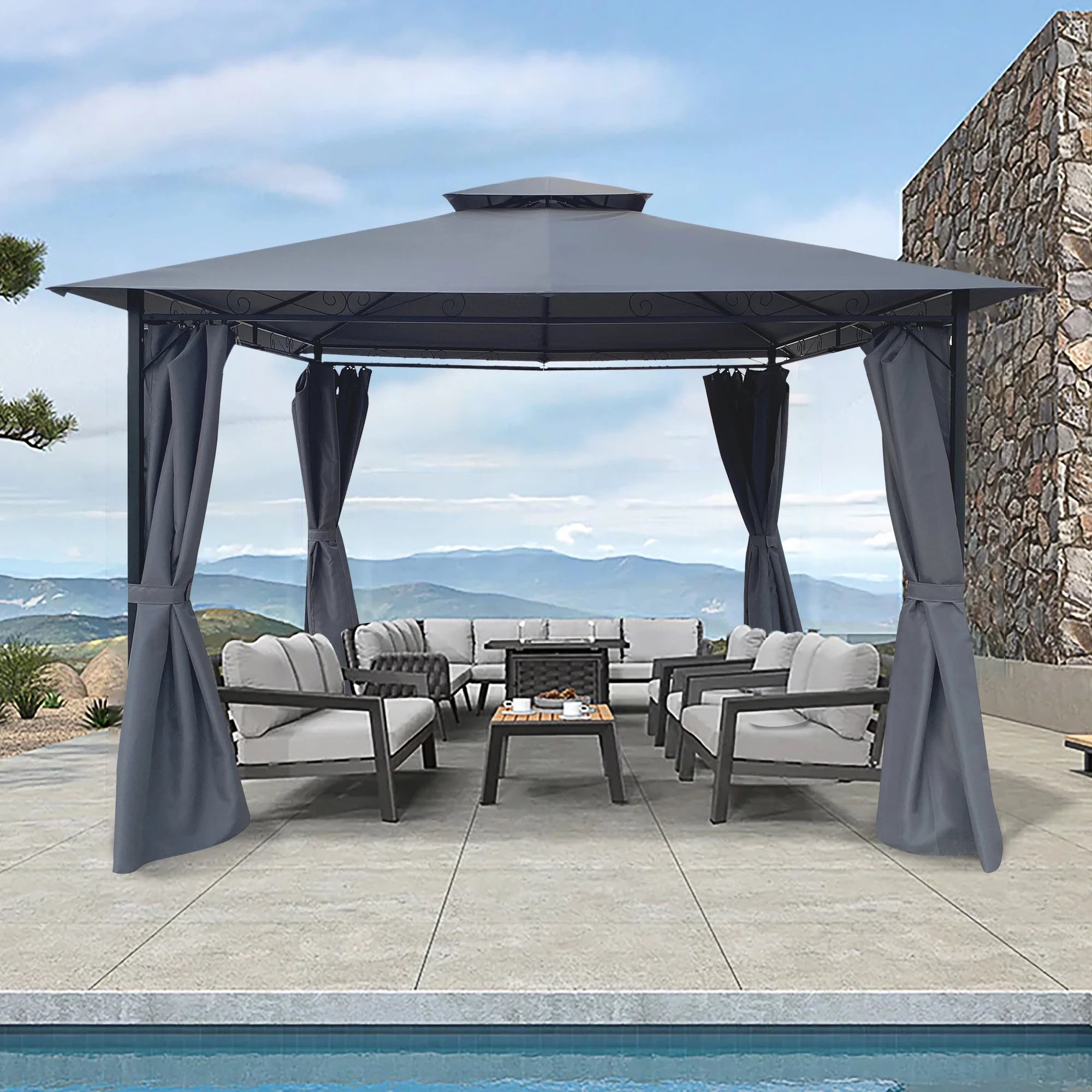 10 x 10 ft Steel Patio Gazebo with Curtain C645036