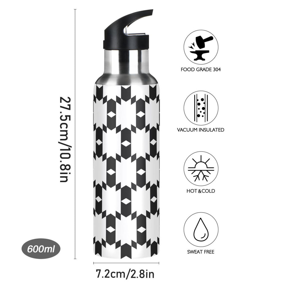 Black and White Insulated Stainless Steel Water Bottle with Straw Lid 20 oz Z644