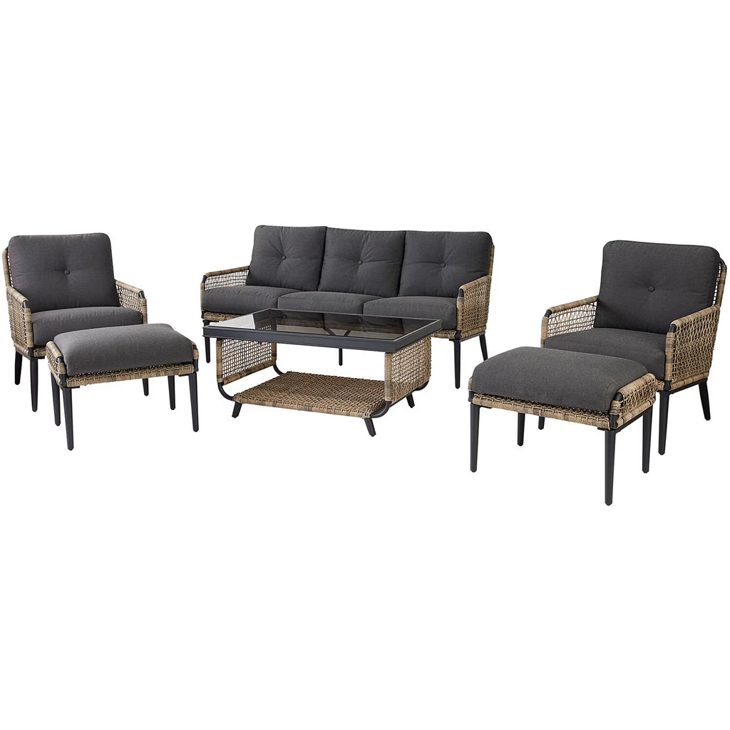 6-Piece Modern Outdoor Chat Set with Open Weave Wicker Sofa, 2 Side Chairs, 2 Ottomans, and Glass Top Coffee Table with Charcoal Plush Cushions R7865