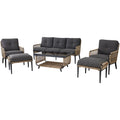 6-Piece Modern Outdoor Chat Set with Open Weave Wicker Sofa, 2 Side Chairs, 2 Ottomans, and Glass Top Coffee Table with Charcoal Plush Cushions R7865