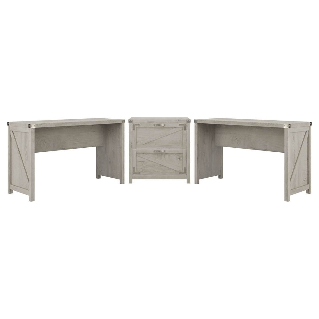 2 Person Farmhouse Desk Set with Lateral File Cabinet in Cottage White I95830
