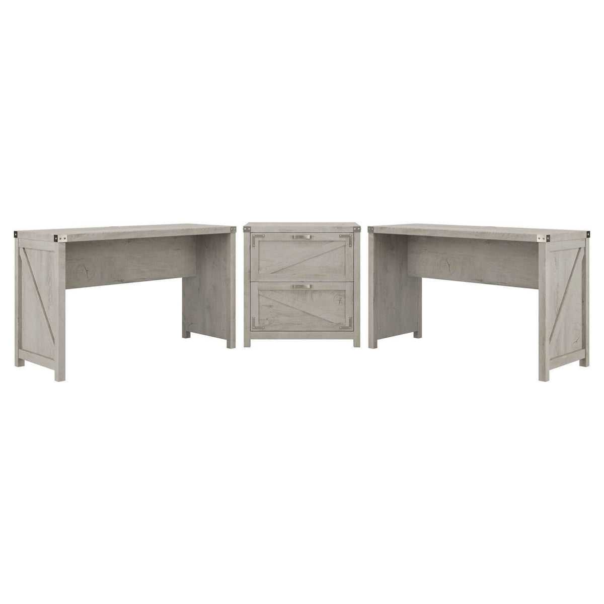 2 Person Farmhouse Desk Set with Lateral File Cabinet in Cottage White I95830