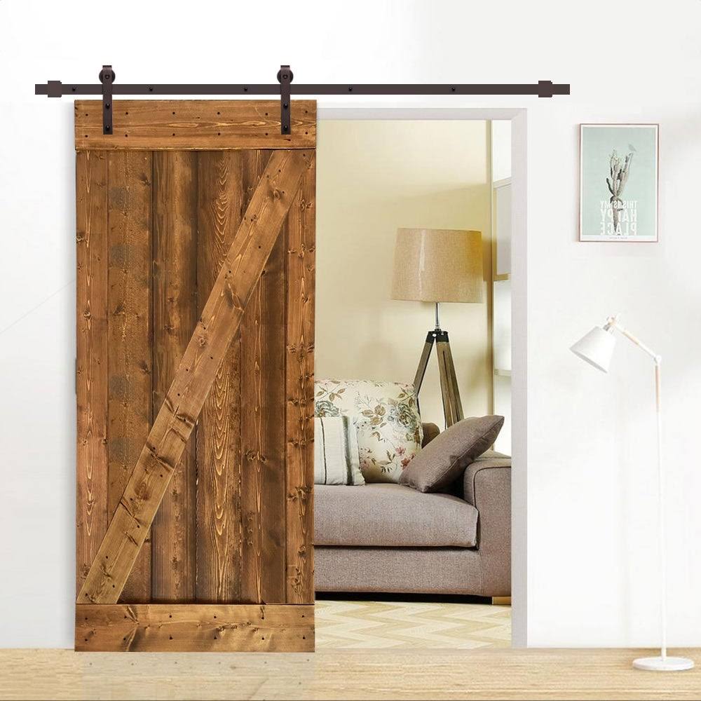 Walnut Solid Knotty Pine Wood Interior Sliding Barn Door with Hardware Kit J7874
