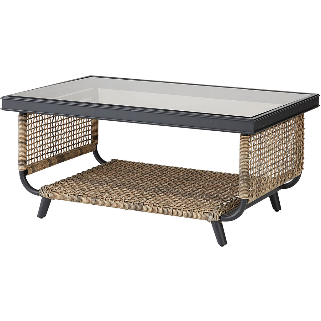 6-Piece Modern Outdoor Chat Set with Open Weave Wicker Sofa, 2 Side Chairs, 2 Ottomans, and Glass Top Coffee Table with Charcoal Plush Cushions R7865