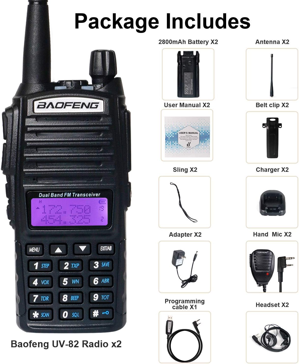 Black 2 Pack Walkie Talkies with Programming Cable and Handheld Speaker Mic T1431