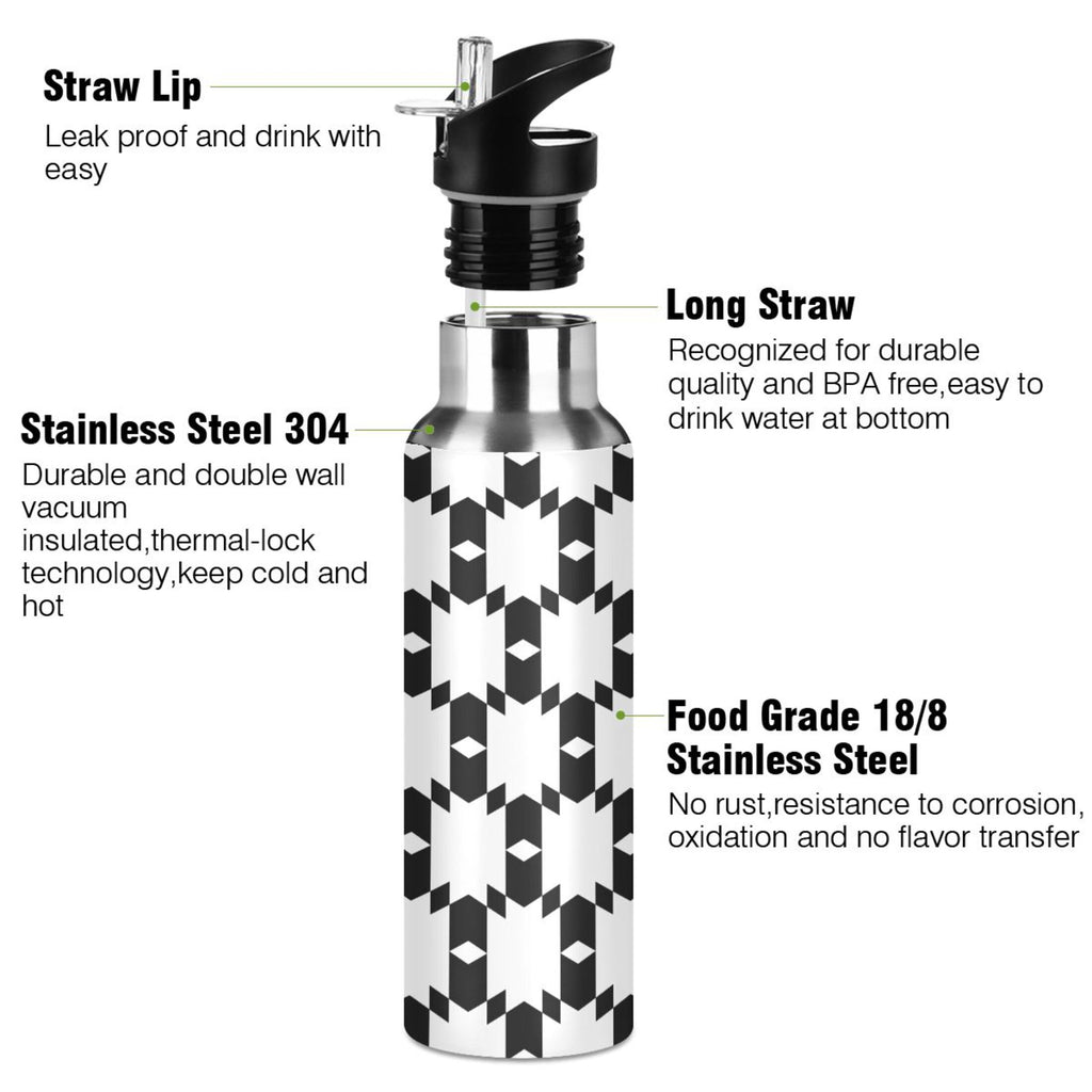 Black and White Insulated Stainless Steel Water Bottle with Straw Lid 20 oz Z644