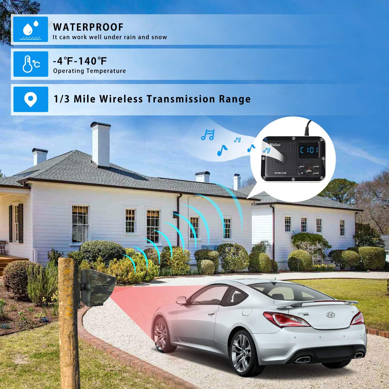 Solar Driveway Alarm Wireless Outdoor Motion Sensor Detector System with Rechargeable Battery Weatherproof Mute Mode 1&4-Camouflage U36827