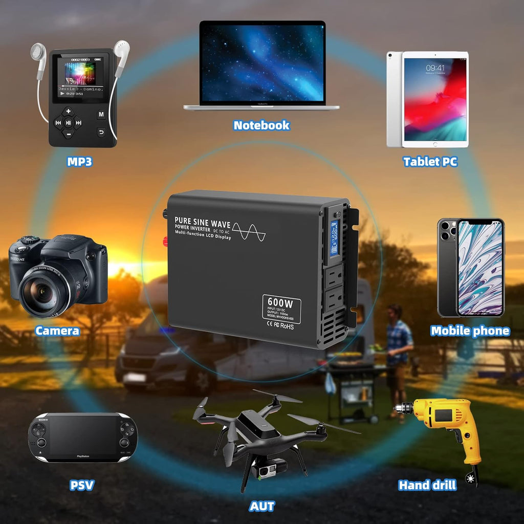600W Pure Sine Wave Power Inverter DC 12V to AC 110V-130V with LCD Display and Wireless Remote Control G2394
