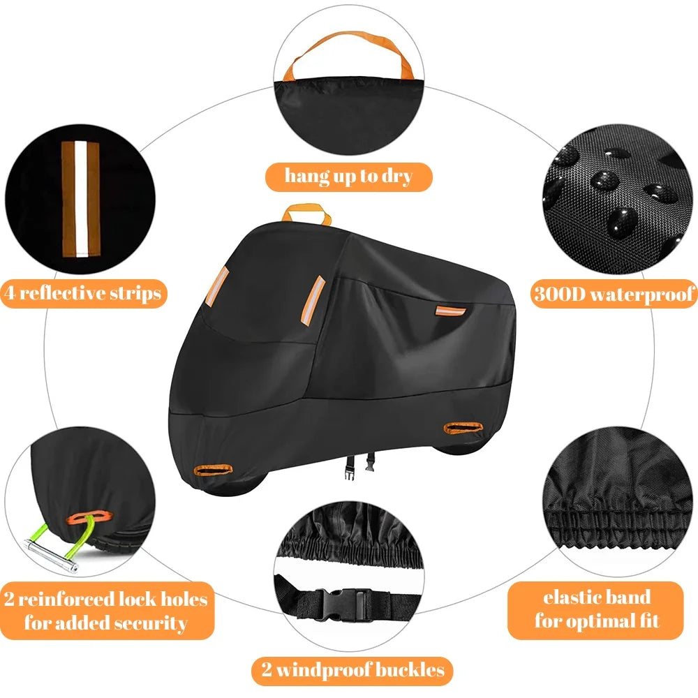 300D Waterproof Motorcycle Cover with 4 Reflective Strips Storage Bag (XXL) K325800