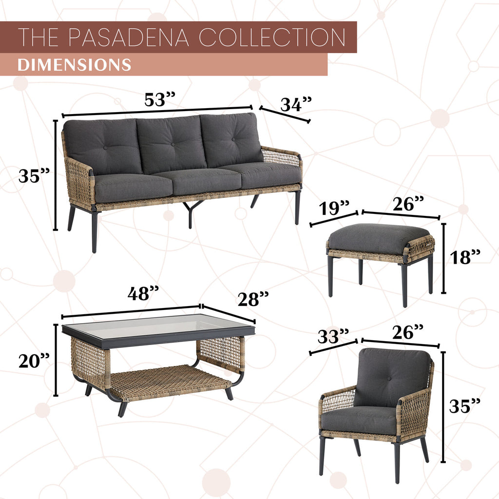 6-Piece Modern Outdoor Chat Set with Open Weave Wicker Sofa, 2 Side Chairs, 2 Ottomans, and Glass Top Coffee Table with Charcoal Plush Cushions R7865
