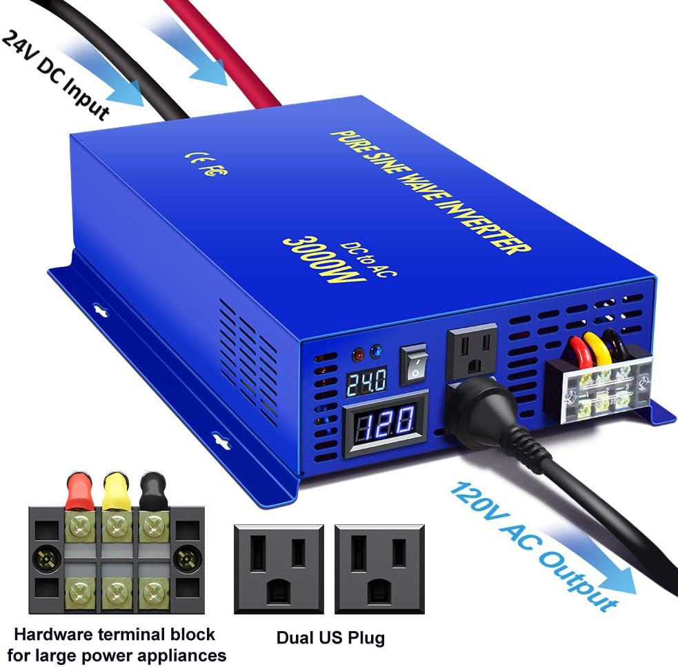 3000W Pure Sine Wave Power Inverter 24V to 110V 120V with Wireless Remote Switch A695