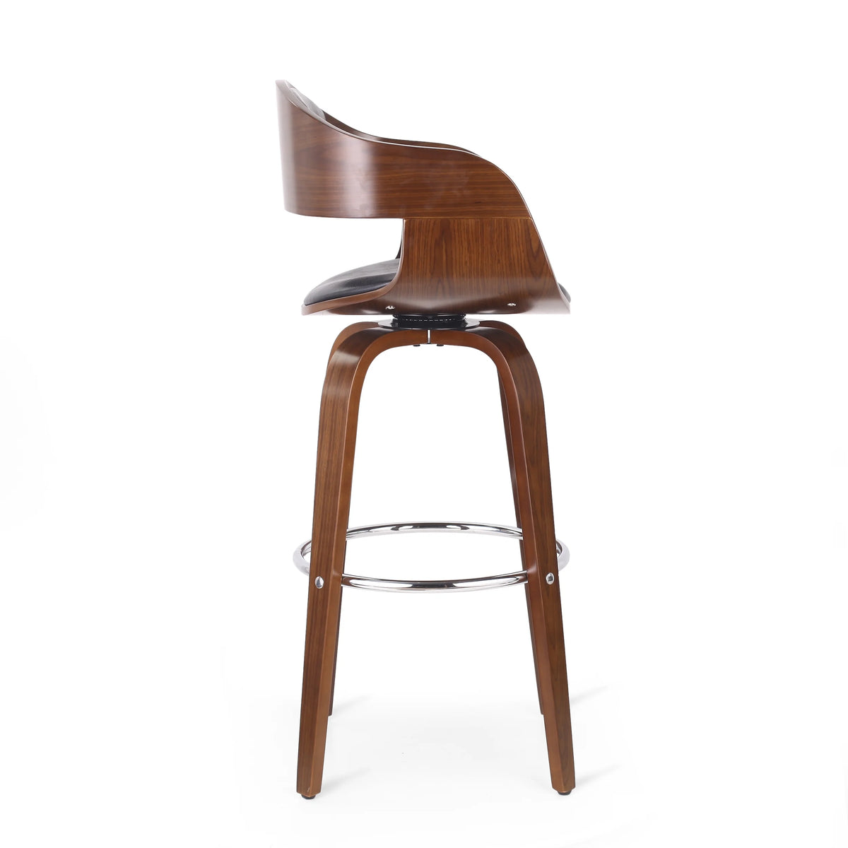 Midnight Black and Walnut Upholstered Swivel Barstool V30016