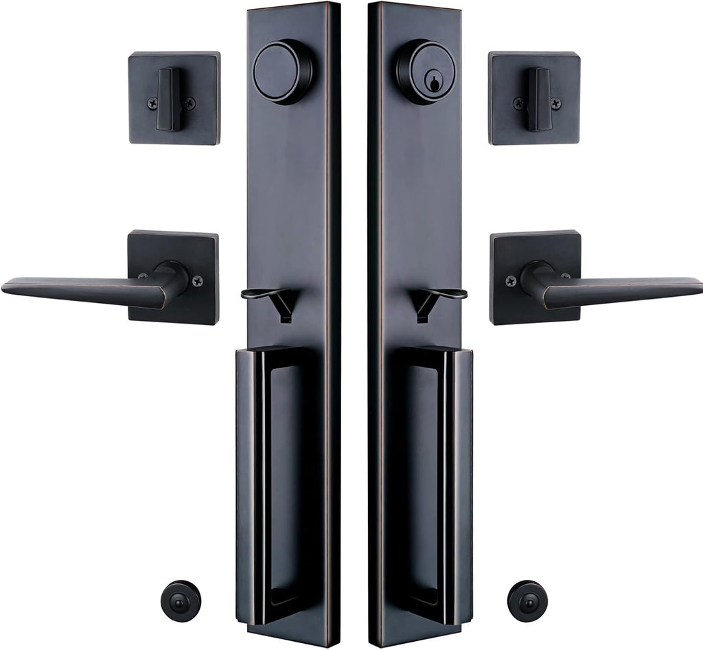 Double Door Handleset Brushed Nickel Finish Keyed Entry Handle and Dummy Handleset Set F56219