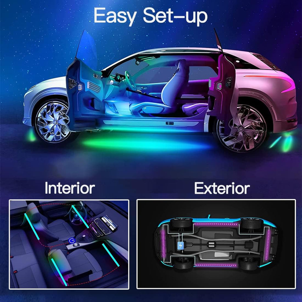 Car LED Underglow Lights Kit 4PCS+4PCS Underbody Neon Accent Lights with APP Bluetooth Remote Control DC12V RGB O751586