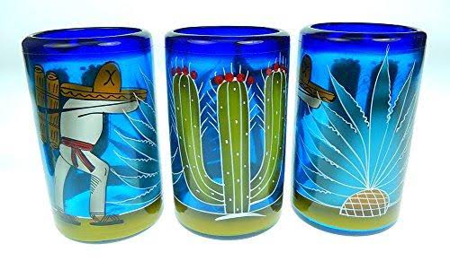 Blue Hand Blown Glasses and Pitcher Set with Display Rack E56240