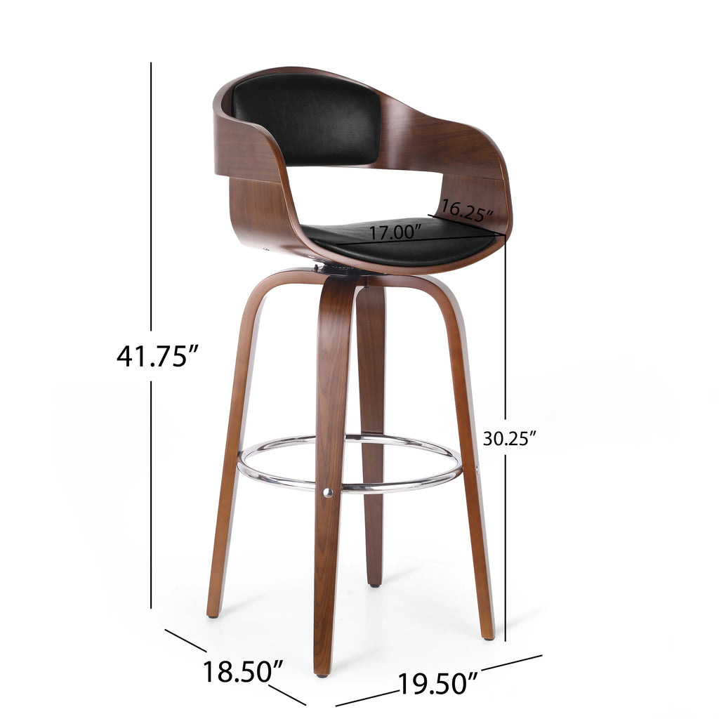 Midnight Black and Walnut Upholstered Swivel Barstool V30016