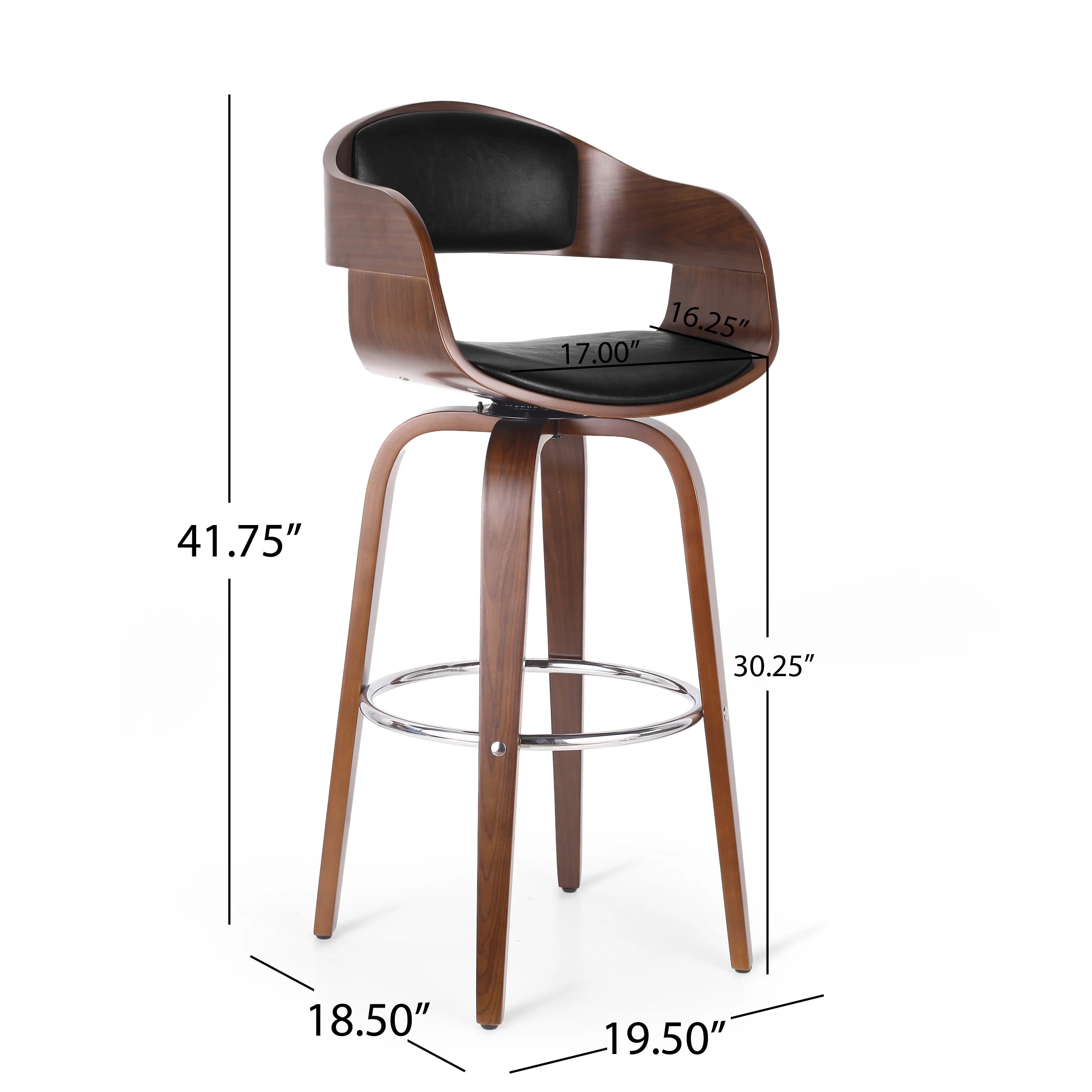 Midnight Black and Walnut Upholstered Swivel Barstool V30016