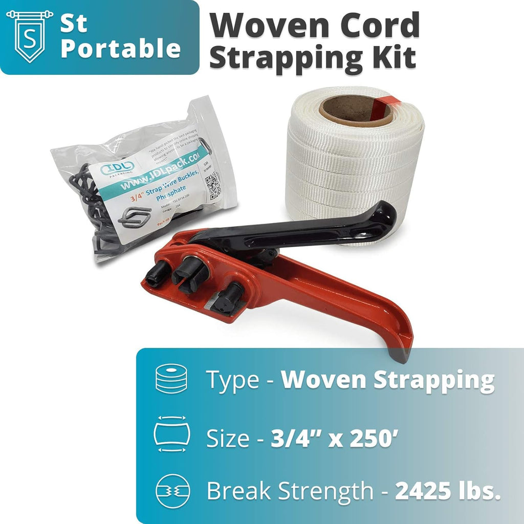 3/4" x 1000' Woven Cord Strapping Kit with Polyester Cord Strapping Tensioner, Strapping Buckles and Woven Cord Strapping Roll F959