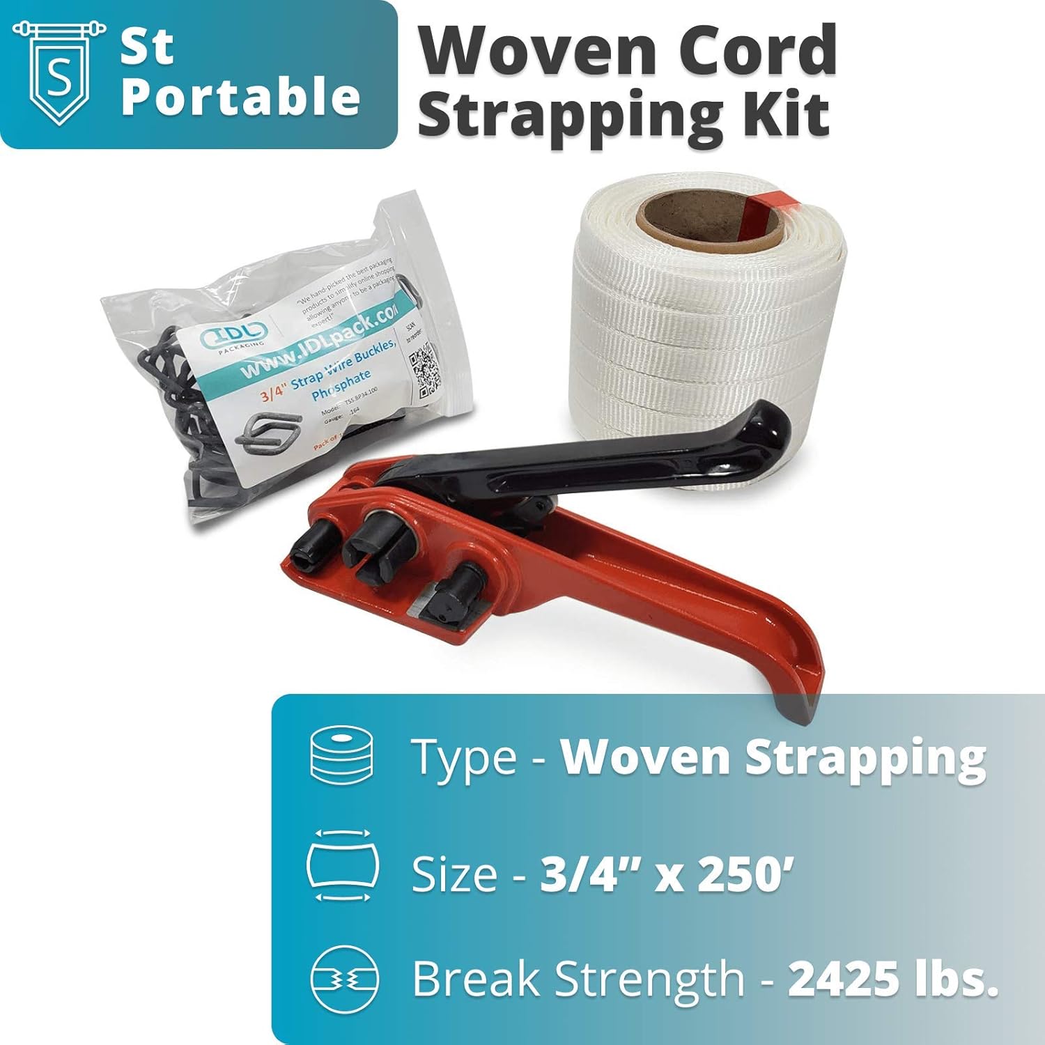 3/4" x 1000' Woven Cord Strapping Kit with Polyester Cord Strapping Tensioner, Strapping Buckles and Woven Cord Strapping Roll F959