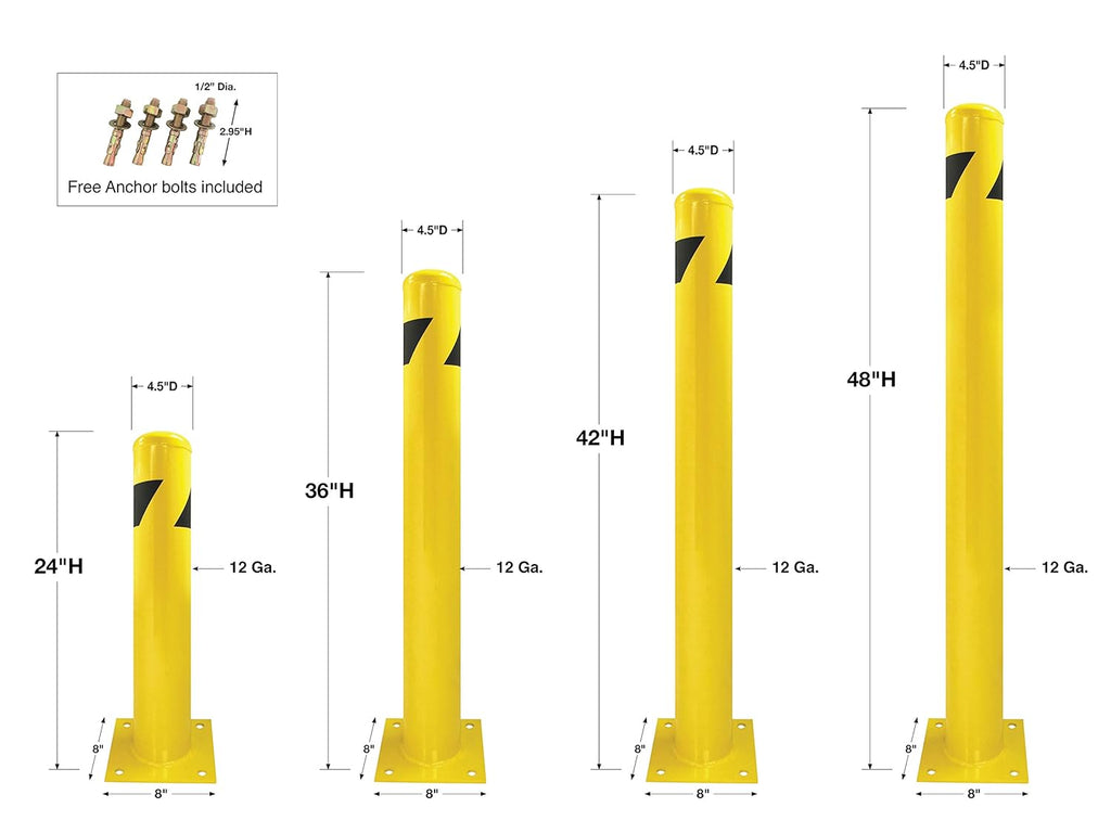 Steel Yellow Safety Barrier Bollard 24''Hx4.5''D, 12Ga, Base-8x8'', Pack of 2 G807
